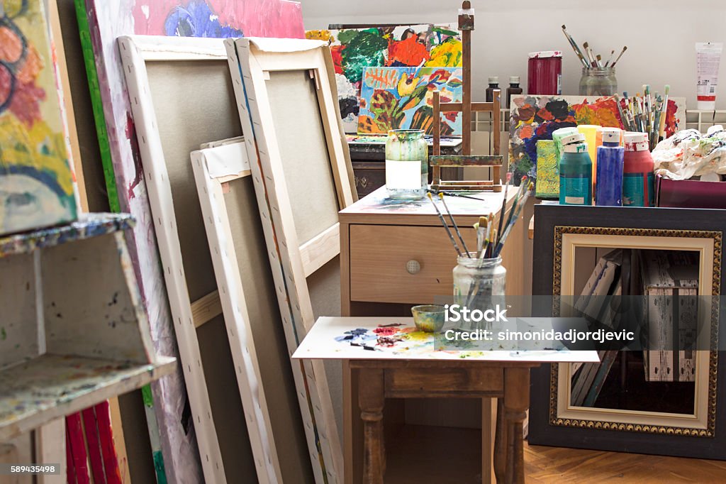 Art Studio Art studio with paintings and painting materials. Art Studio Stock Photo