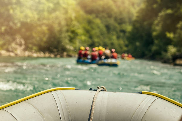 rafting, boat trip. front view with sunligh - teamwork rafting cooperation sport imagens e fotografias de stock