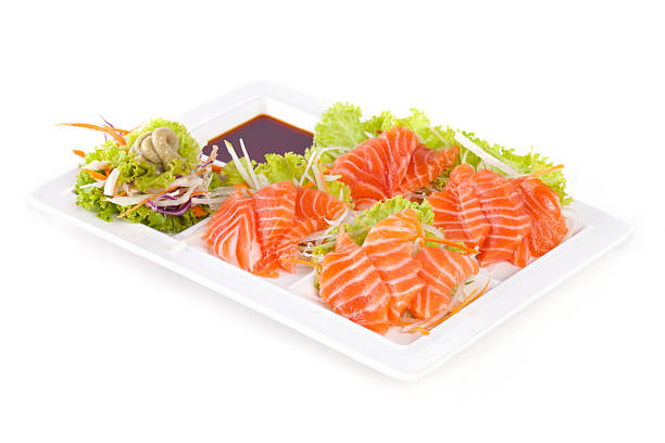 istock raw salmon with wasabi and sauce isolated on white plate 589437672