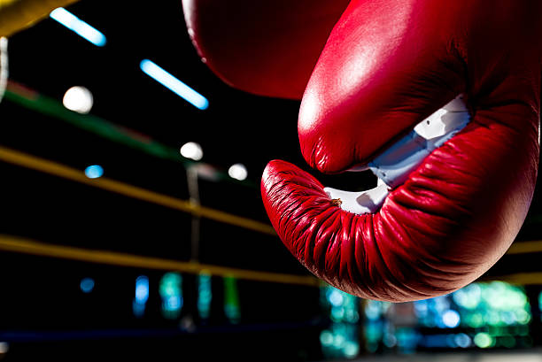 istock boxing gloves hangs off the boxing ring 589438242