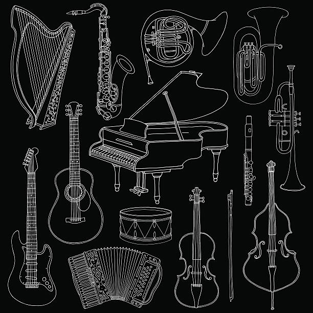 Hand drawn doodle, sketch musical instruments. Vector icons set Hand drawn cute, doodle, sketch musical instruments. Vector icons set on white background musical instrument illustrations stock illustrations