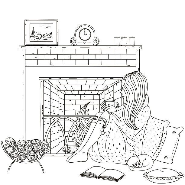 カップと暖炉のそばに座って甘い女の子 - river wear illustrations点のイラスト素材／クリップアート素材／マンガ素材／アイコン素材