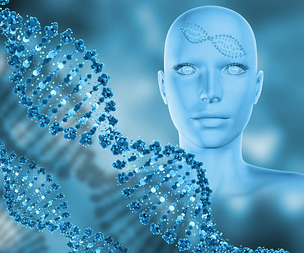 istock 3D medical background with female head and DNA strands 589443472
