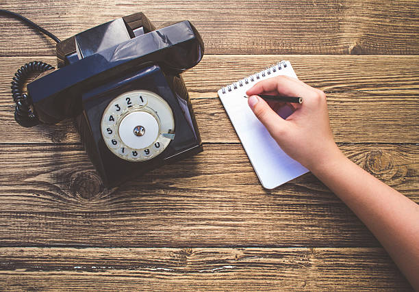 istock Vintage phone on wood background 589445312