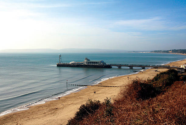 Bournemouth Pier and beach viewed from above on a sunny day