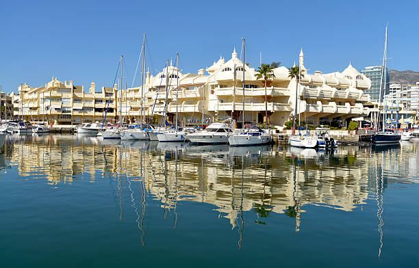 Some of the beautiful apartments and boats moored up in Benalmadena port area. Benalmadena is a large town near Malaga on the Costa del sol Andalucia Spain.