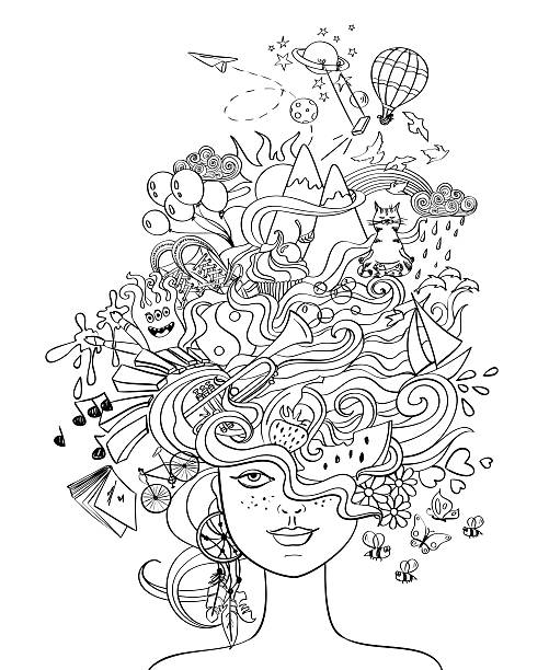 Girl's Portrait With Crazy Hair - Lifestyle Concept. Portrait of young beautiful girl with crazy psychedelic hair and her dreams, wishes, hobbies - lifestyle concept. Creative adult coloring book page. romantic styles stock illustrations