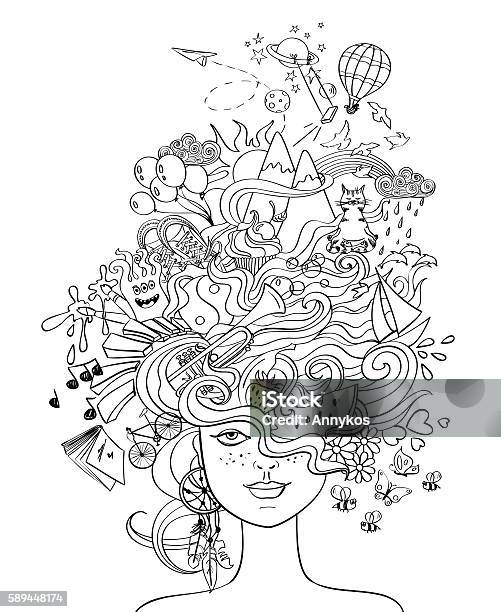 Girls Portrait With Crazy Hair Lifestyle Concept Stock Illustration - Download Image Now