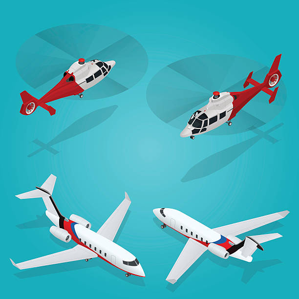 isometrischer transporthubschrauber und privatjet. flugzeugfahrzeug. - air vehicle airplane commercial airplane private airplane stock-grafiken, -clipart, -cartoons und -symbole