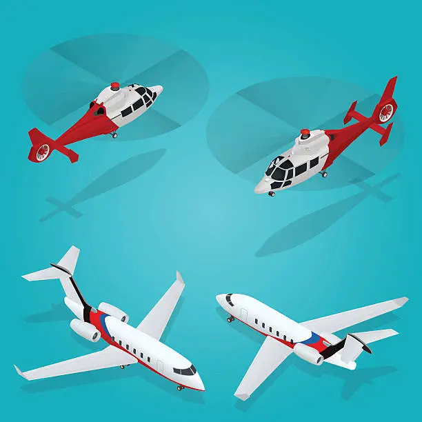 Vector illustration of Isometric Transportation Helicopter and Private jet. Aircraft Vehicle.