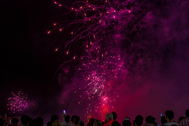 istock Big fireworks with silhouetted people in the foreground watching 589451366