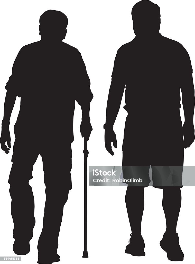 Elderly Man Walking With Caregiver Vector silhouette of an elderly man walking with his caregiver. In Silhouette stock vector