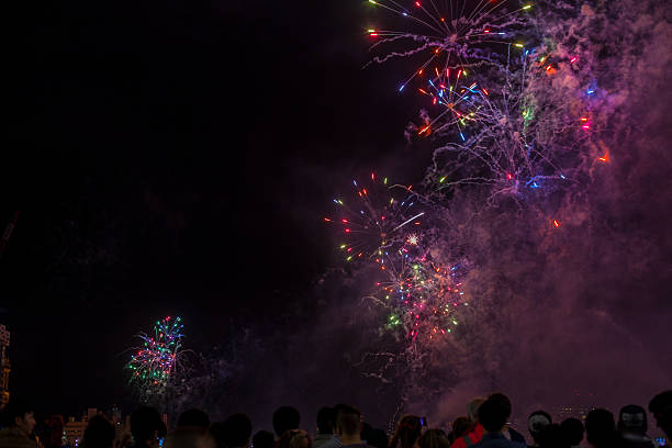istock Big fireworks with silhouetted people in the foreground watching 589451698