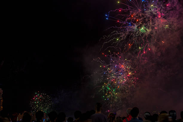 istock Big fireworks with silhouetted people in the foreground watching 589451762