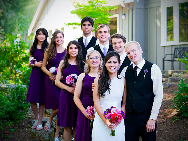 istock Wedding party standing outdoors with bride and groom 589452572