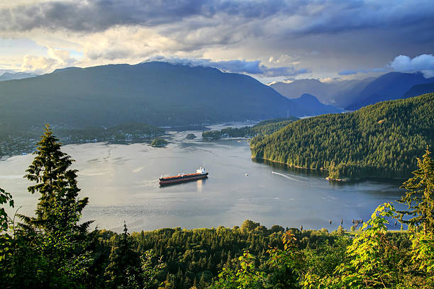 istock Burrard Inlet at sunset, aerial view from a mountain 589453222
