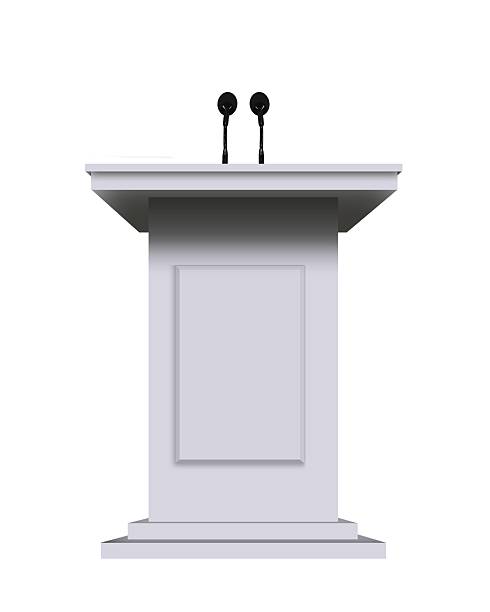 pódio branco rostrum stand com microfones isolados em branco - podium lectern microphone white - fotografias e filmes do acervo