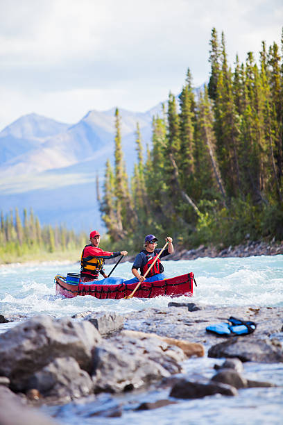 two young men paddle a river in northern canada - rafting on a mountain river imagens e fotografias de stock