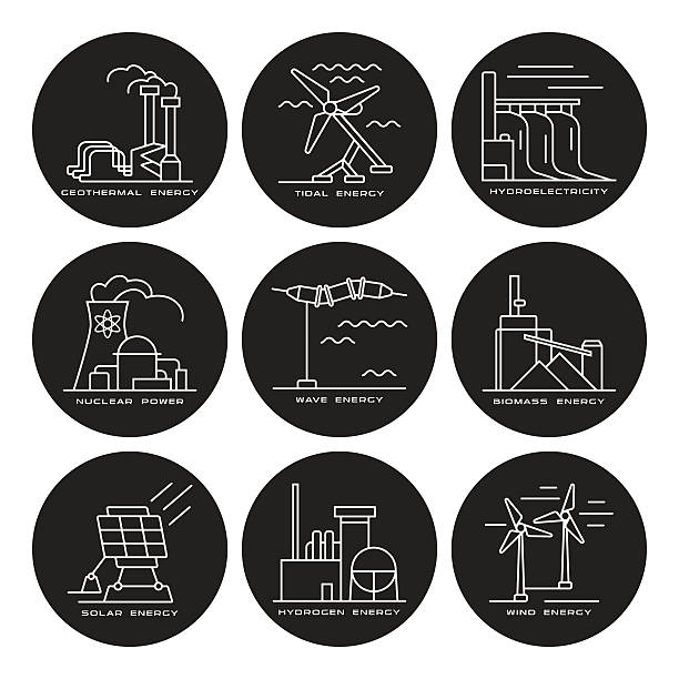 vektor-set von web-icons auf stromerzeugungsanlagen - tide power wave fuel and power generation stock-grafiken, -clipart, -cartoons und -symbole