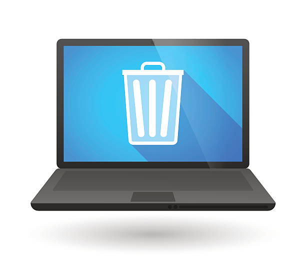 Laptop icon with a trash can Illustration of a laptop icon with a trash can laptop in a trash bin stock illustrations