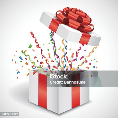 istock Open gift with fly streamer and confetti 3d illustration 589462102