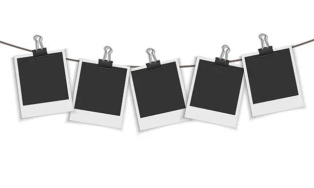 Vector illustration of Blank photo frame hanging on a line with paper clip