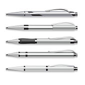 Blank and metallic vector pens template on white background. Set of automatic pens, illustration of mockup pen