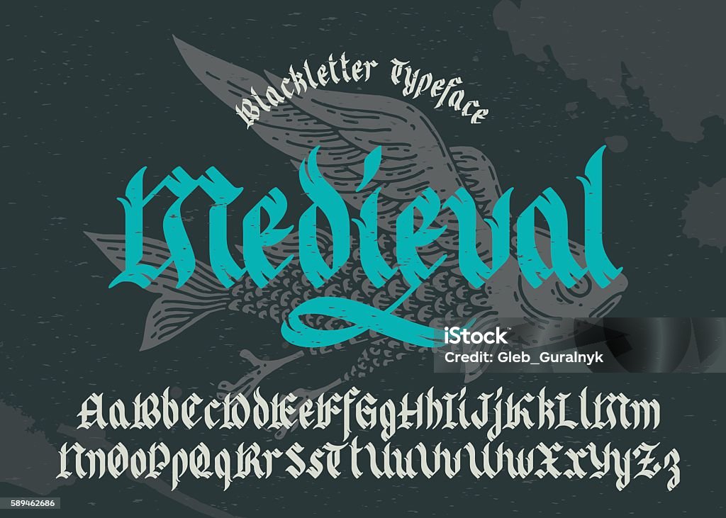 Black-letter fracture font with flying fish illustration. Gothic medieval typeface. Black-letter fracture font with flying fish illustration. Typescript stock vector