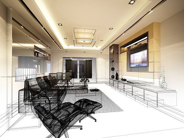 istock sketch design of living ,3d wire frame rendering 589537608