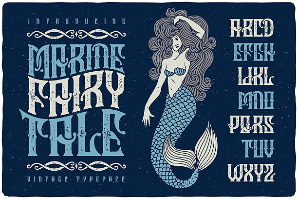 Vintage decorative type set. Marine fairytale font with beautiful mermaid illustration. Vintage decorative type set. cartoon of beautiful mermaid stock illustrations