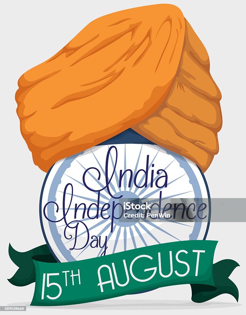 Turban over Ashoka Wheel with Reminder for India Independence Day Poster with a turban over Ashoka Wheel (traditional symbol for justice) and a green ribbon commemorating Independence Day of India. August stock vector