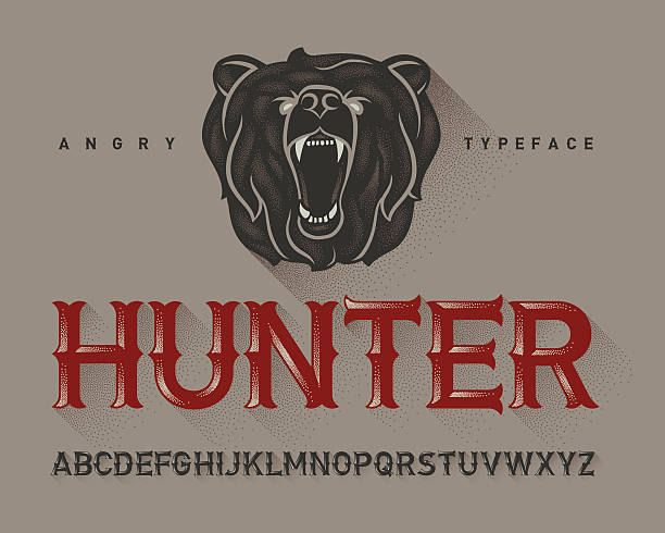 ilustrações de stock, clip art, desenhos animados e ícones de vintage decorative modern font with dotted graphics - bear hunting