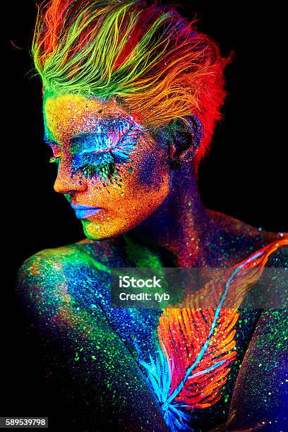 Close Up Color Uv Portrait Stock Photo - Download Image Now - Multi Colored, Art, Neon Lighting