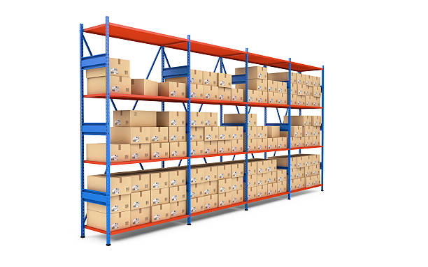 Warehouse rack full of cardboard boxes. 3d rendering stock photo