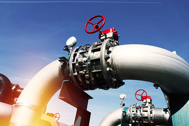 istock Industrial Steel  pipelines and valves 589542164