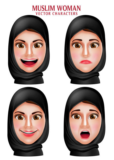 ilustraciones, imágenes clip art, dibujos animados e iconos de stock de personajes vectoriales de mujer musulmana con cabeza con hiyab - middle eastern ethnicity teenage girls women sadness