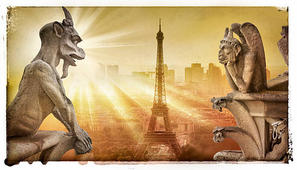 istock Gargoyle figur on Notre Dame looking towards Eiffel Tower 589545548