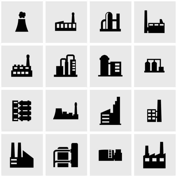 Vector black factory icon set Vector black factory icon set on grey background refinery stock illustrations