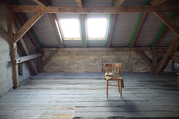 Abstract grunge wooden interior, perspective view of abandoned attic room