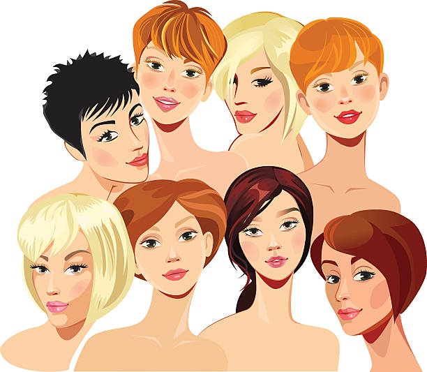 portrait of face girls in straight vector art illustration