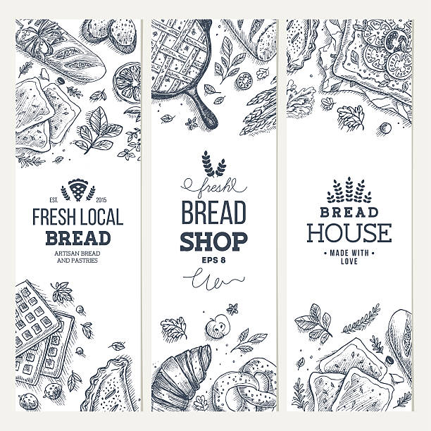 bakery background. linear graphic. bread banner collection. vertical banner set. - ekmekçi dükkânı illüstrasyonlar stock illustrations