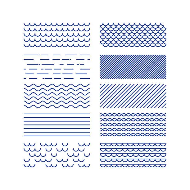 Vector illustration of Nautical textures collection. Linear graphic. Sea theme design kit. .