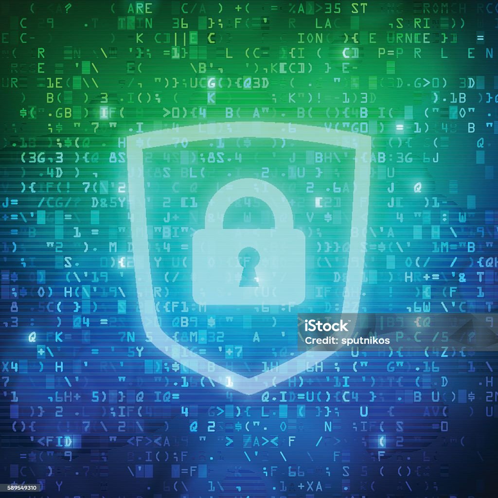 Safety shield with padlock icon computer digital data code background Safety computer digital data code background vector illustration with closed padlock in shield icon. Abstract stock vector