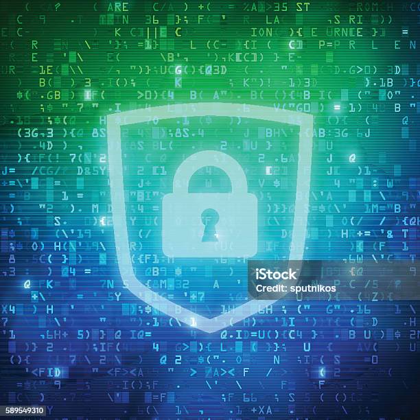 Safety Shield With Padlock Icon Computer Digital Data Code Background Stock Illustration - Download Image Now