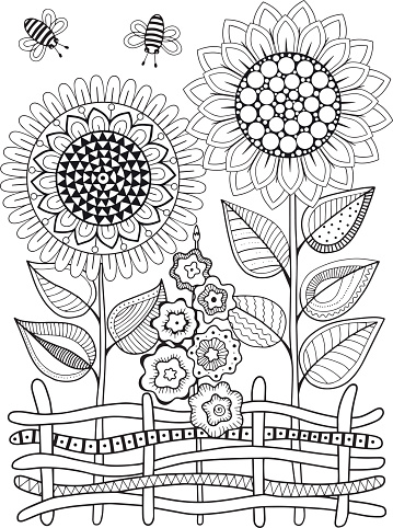 Vector doodle sunflowers. Coloring book for adult. Summer flowers. Flowerbed