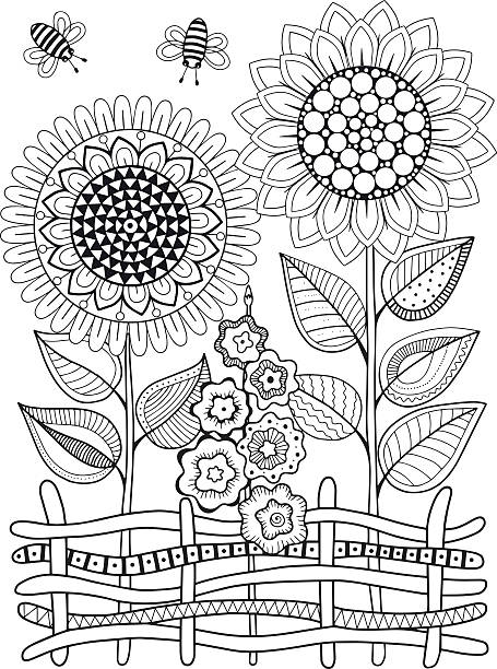 Vector doodle sunflowers. Coloring book for adult. Summer flowers. Flowerbed Vector doodle sunflowers. Coloring book for adult. Summer flowers. Flowerbed colouring book stock illustrations