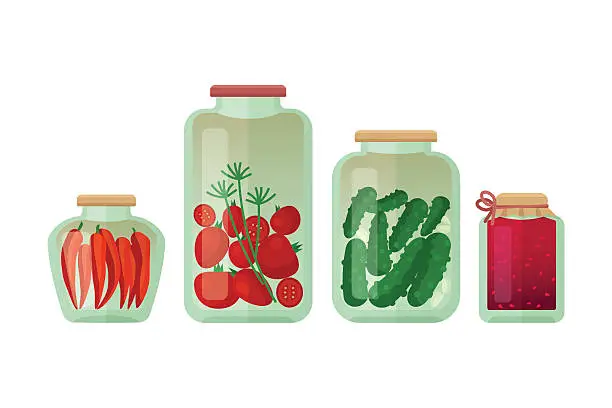 Vector illustration of Jars of pickled vegetables isolated