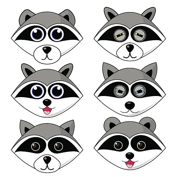 Vector illustration of raccoon gargle, head, facial expression and emotion illustration set