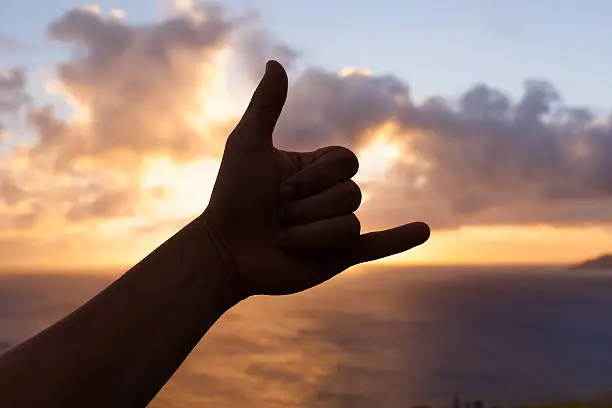 Hand making shaka gesture against beautiful hawaiian sunset. 