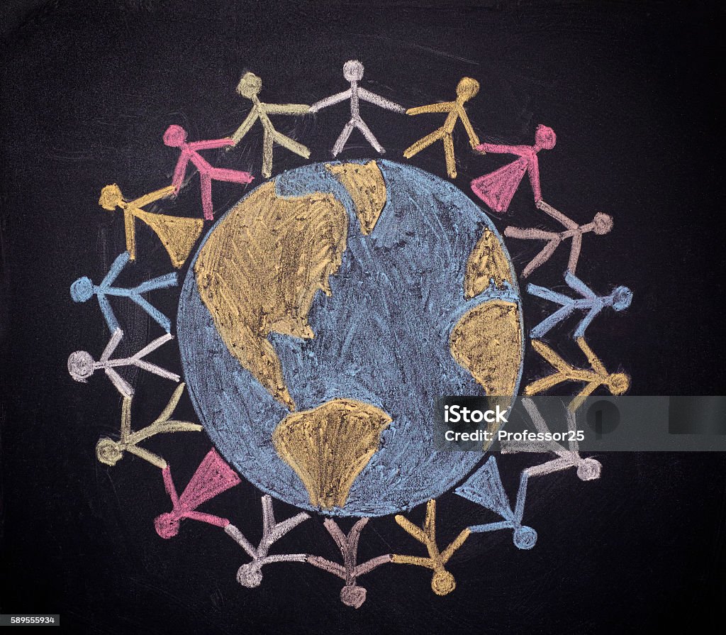 Group of people around the world Group of people around the world. Chalk drawing. Globe - Navigational Equipment Stock Photo